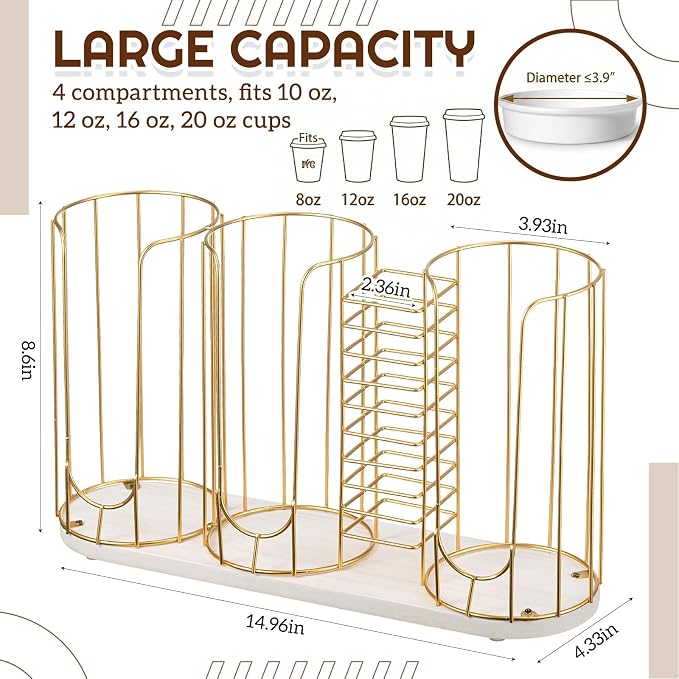 18oz Adjustable Coffee Cup Dispenser with Wooden Base, Cup and Lid Holder, Cups Holder Organizer for Coffee Pod Straw and Lid Storage(4-compartment Single,Color 4) - Image 2