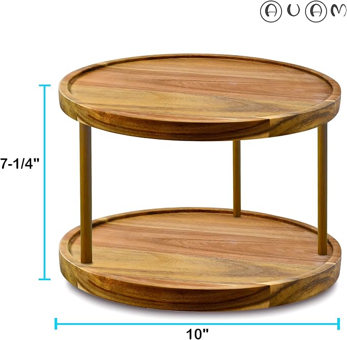 10" Two-Tier Acacia Wood Lazy Susan Organizer Kitchen Turntable for Cabinet Pantry Table Organization - Image 3