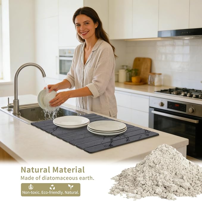 Stone Dish Drying Mat for Kitchen Counter, Large Foldable Marble Quick Dry Diatomaceous Earth Mat with 4 Stone Coasters Set, Ultra Absorbent Collapsible Drying Pad for Bathroom - Image 3
