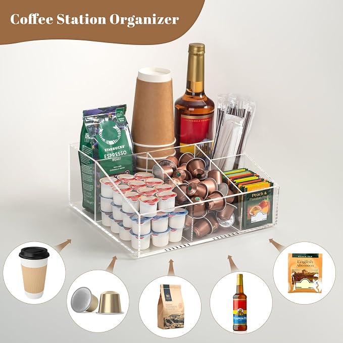 BEYGORM Acrylic Coffee Bar Station Organizer for Countertop | Coffee Gift for Coffee Lovers, Office Breakroom Storage Holder for Kcup Pod, Condiment, Cup, Tea, Creamer, Syrup (Clear) - Image 3