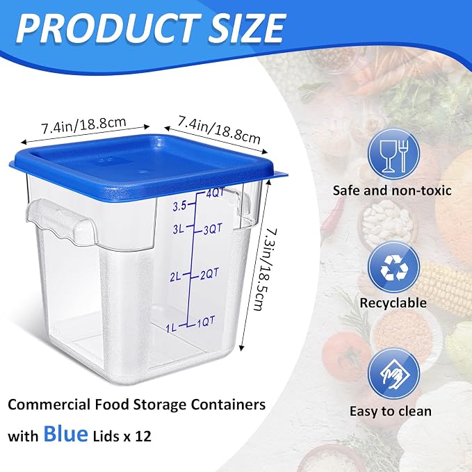 Yungyan 12 Pcs 4 Qt Commercial Food Storage Containers with Lids Restaurant Square Airtight Food Storage Containers Clear Cereal Containers for Kitchen Freezer Dishwasher Pantry(Blue Lid) - Image 2