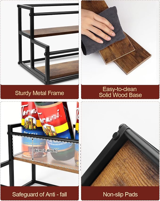 Coffee Syrup Organizer, 2-Tier Holds 10 Bottles Rack | Warm Rustic Thick Wood & Steel Frame, Easy to Clean & Assemble, Sturdy for Coffee Bars, Dirty Soda Bars & Countertops - Image 5