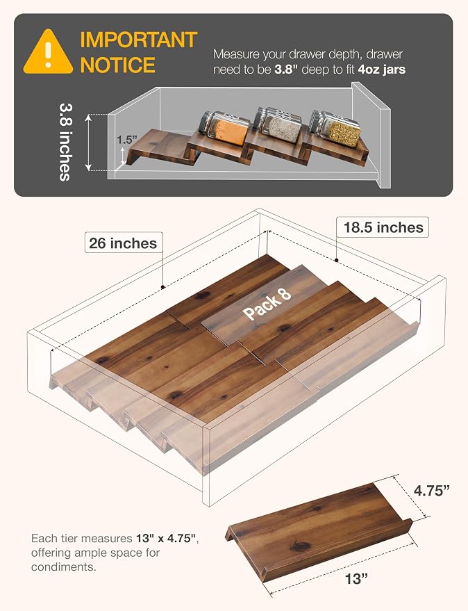 Tinamo Acacia Wooden Spice Rack Organizer for Cabinet - Spice Drawer Insert, Spice Organization for Cabinet, Seasoning Organizer, Spice Holder Pack of 8 (Walnut, Pack 8) | Acacia Wood Construction, No assembly, Stackable 4-tray design, Spacious for up ... - Image 2