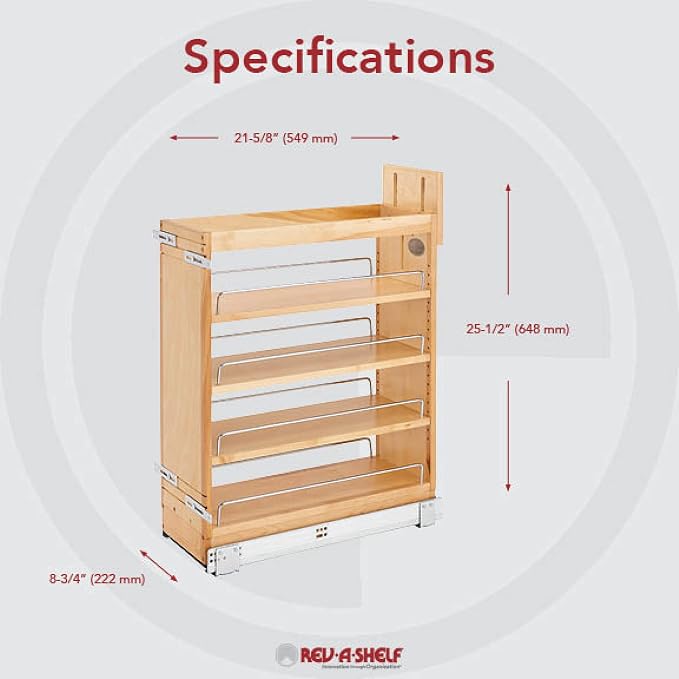 Rev-A-Shelf Maple Pullout Organizer w/Blum Soft-Close for Base Cabinets, Full Extension Slides & Adjustable Shelves, Min Opening Width of 8.5", 448-BCSC-8C - Image 3