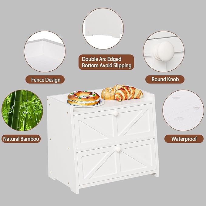 Trironsun Vintage Double Layer Bread Box for Kitchen Counter Bamboo Bread Storage Container Large Capacity Bread Storage Bin (White) - Image 7