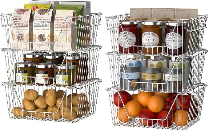 Slideep Stackable Storage Baskets Stainless Steel Cabinet Organizer Sturdy Metal Wire Pantry Freezer Bin for Pantry Home Bathroom Kitchen Organization 6 Packs - Image 2