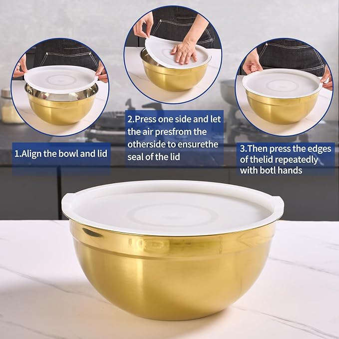 Gold Mixing Bowls with Airtight Lids, Stainless Steel Nesting Mixing Bowls Set of 5, Ideal for Baking, Prepping and Serving Food, Size 5.5, 3.6, 2.7, 2.1, 1.5, QT, Stackable Design - Image 3