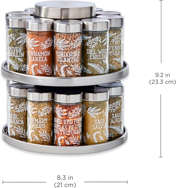 Kamenstein Salem 20-Jar Rotating Spice Rack with Spices Included, Stainless Steel Countertop Organizer with Sifter Caps and Tool Caddy, Spice Set for Kitchen Organization - Image 2