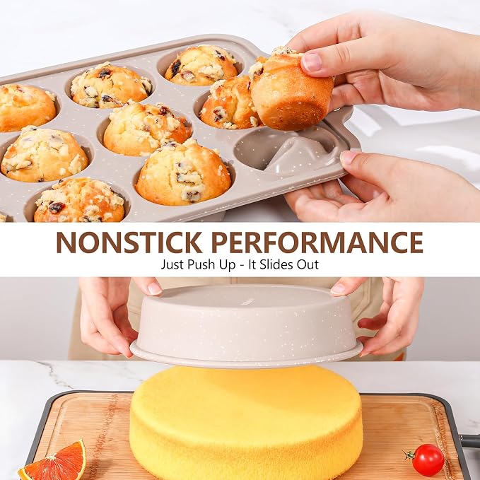 Vinino 8-Piece Baking Pans Set Nonstick, Bakeware Set includes Silicone Muffin, Loaf, Cake Pans with Metal Reinforced Frame, and Carbon Steel Roasting Pan, Cookie Sheet, Cooling rack for Oven - Image 5