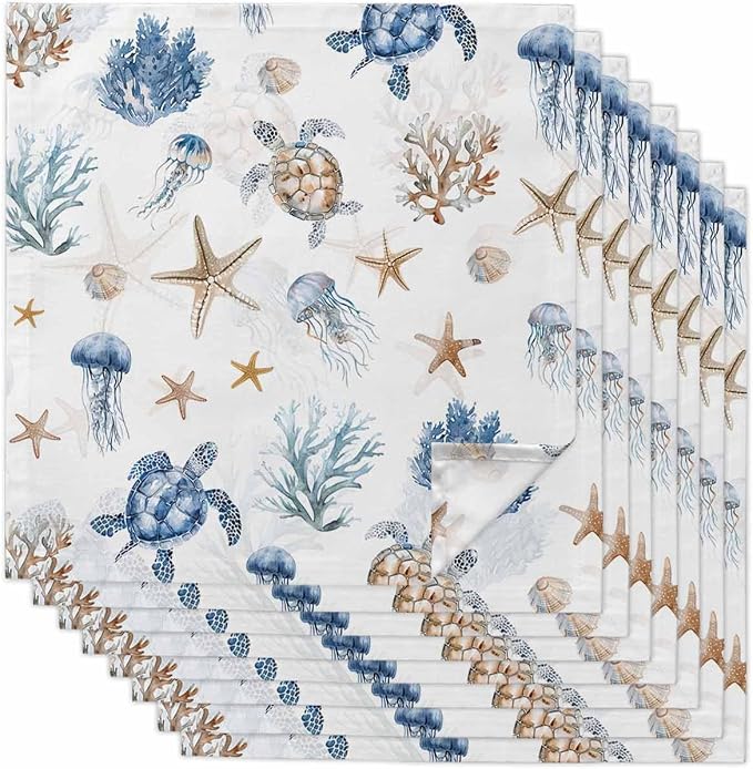 Coastal Turtle Cloth Napkins Set of 8 - Blue Ocean Starfish Seaweed Coral Jellyfish Washable Dinner Napkins Reusable Table Napkins for Party Weeding Dining Table Setting Decoration,Oversized 20"x20" by Unknown