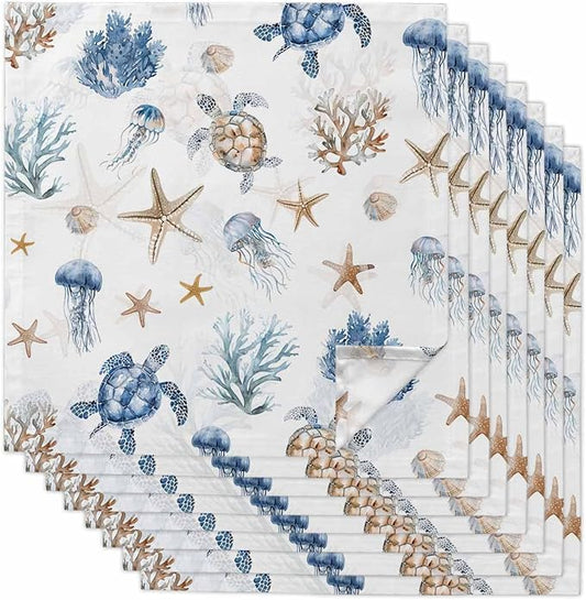 Coastal Turtle Cloth Napkins Set of 8 - Blue Ocean Starfish Seaweed Coral Jellyfish Washable Dinner Napkins Reusable Table Napkins for Party Weeding Dining Table Setting Decoration,Oversized 20"x20" by Unknown