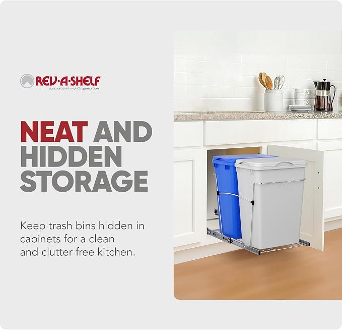 Rev-A-Shelf Double Pullout Garbage Trash Cans for Kitchen Cabinets, 35 Qt | Large Capacity Waste/ Recycling Bins, Heavy Gauge Wire Construction, with Full Extension Slides, Blue/White, RV-18KD-11RC-S - Image 5
