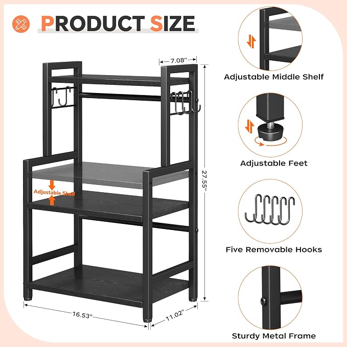 Kitchen Countertop Organizer, 3 Tier Large Spice Rack Organizer with Adjustable Shelf and 5 Hooks, Wooden Counter Organizer, Space Saving Countertop Shelf Microwave Stand for Kitchen,Coffee Bar,Black - Image 8