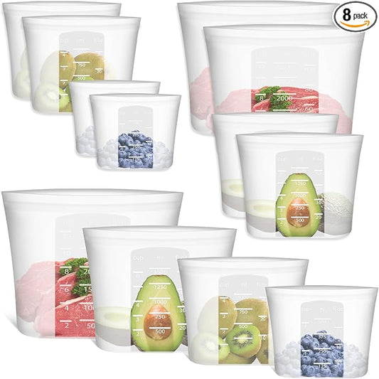 Reusable Storage Bag, 8 Pack 100% Silicone Food Storage Bags Stand Up Zip Lock Bags for Food, Freezer Microwave Oven Dishwasher Safe, 2 X-Large(0.8 Gallon) 2 Medium 2 Small 2 X-Small, Translucent by Annaklin