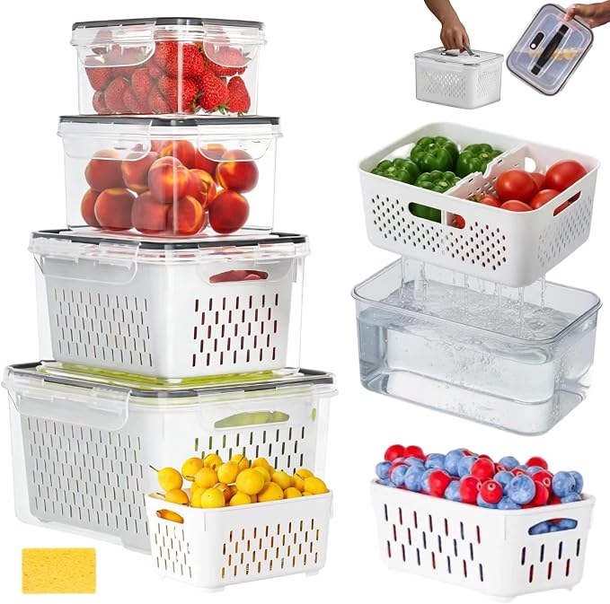 SnowSky 4PCS 2-in-1 Fruit & Veggie Fresh Box with Detachable Colander & Divider – Airtight Leak-Proof Fridge Storage Container with Lid for Berry, Meal Prep, Kitchen by SnowSky
