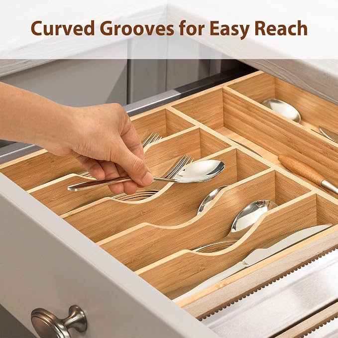 Kitchen Drawer Organizer, 12.5 Inch Silverware Utensil Tray Holder, Extra Deep, with Non-Slip Feet & Grooved Drawer Divider, 7 Slots Total Bamboo Wood Caddy for Flatware Cutlery Knives - Image 6