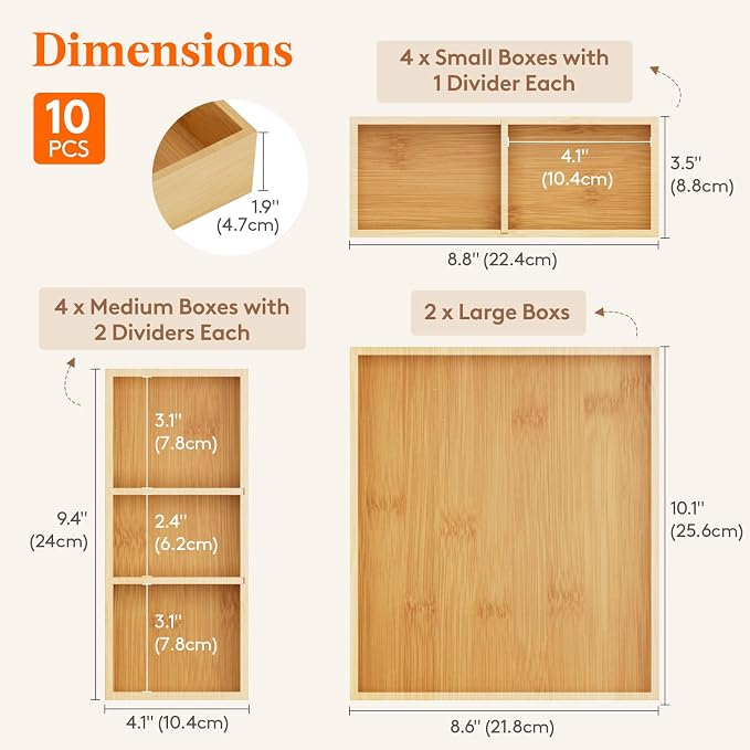 Lifewit Drawer Organizers 10 Pack(22 Grid) with 12 Inserts | Adjustable Bamboo Wooden Trays for Utensils, Silverware, Makeup, Kitchen, Bathroom, Office, Vanity Storage - Image 2