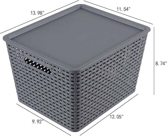 Ggbin 6-Pack Large Plastic Weave Storage Baskets Bins with Lids, Grey | Stackable - Image 2