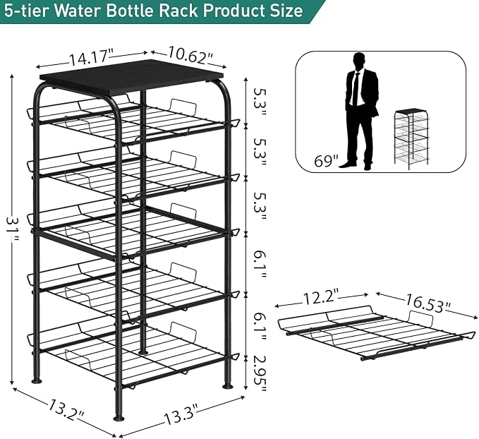 Vrisa 5 Tier Water Bottle Storage Rack Vertical Freestanding Bottled Water Organizer Large Capacity Beverage Drink Soda Can Holder Stand for Kitchen Pantry Home Party Food Storage, Black - Image 3