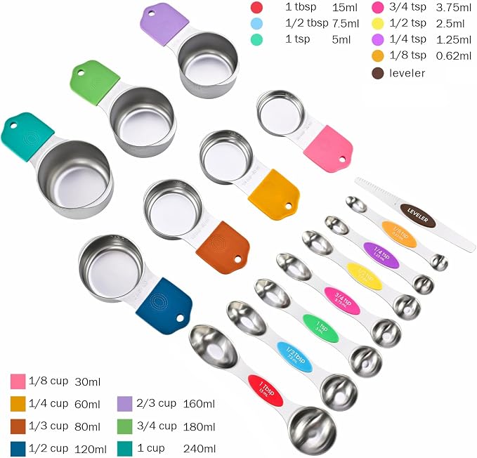 EDELIN Magnetic Measuring Cups and Spoons Set, Stainless Steel 7 cup and 7 spoon with 1 Leveler, 18/8 304 stainless steel (Multicolour 15 sets) - Image 2