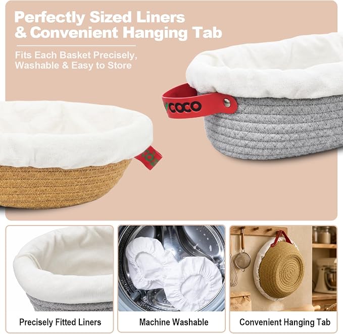 Cotton Rope Banneton Bread Proofing Basket with Beeswax Bag Set | 9''Round & 10''Oval, Washable Liners & Covers, for Artisan Bread Baking, for Sourdough Proofing, for Baking Gifts - Image 5