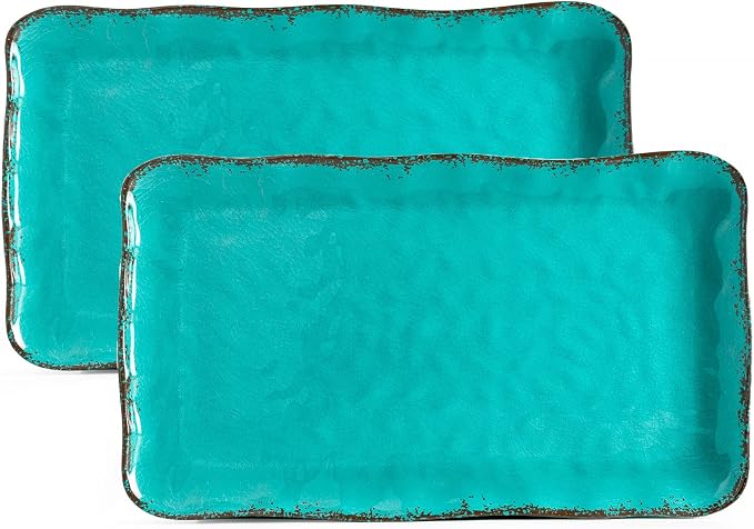 LEHAHA Vintage Melamine Serving Tray Set, Rectangular Large Serving Trays/Platters Set for Serving Food, BPA Free Food Serving Platters and Trays, Set of 2, 17.5"x 10", Teal by LEHAHA
