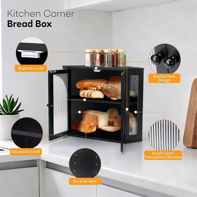 Corner Bread Box for Kitchen Countertop,Double Layer Bread Holder | 3 Adjustable Height, Large Capacity, Magnetic Acrylic Door, Bamboo Bread Storage Container for Homemade Bread, Black - Image 5