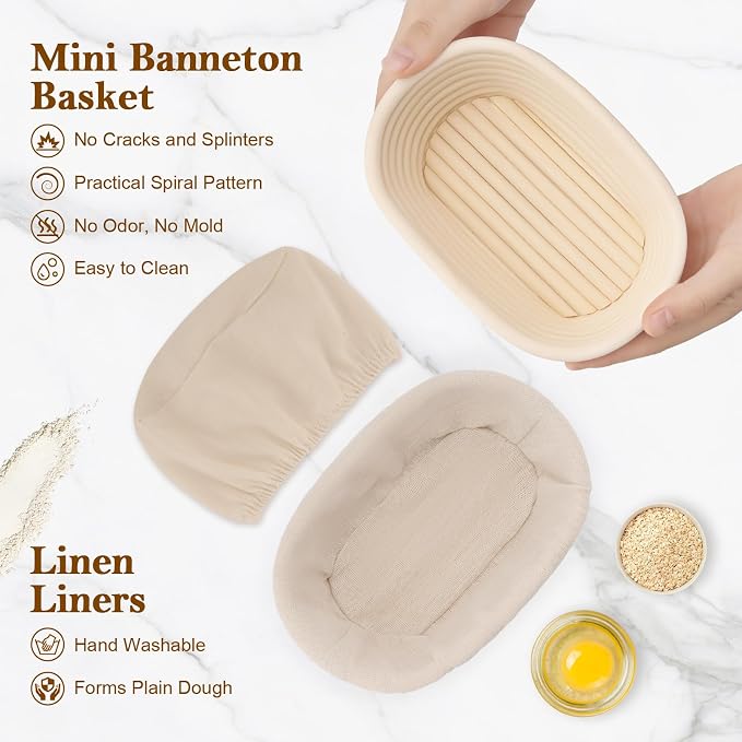 6.5 Inch Banneton Bread Proofing Basket Oval Mini Banneton Basket Set of 6, Small Sourdough Proofing Basket with Liner Rattan Sourdough Baking Supplies for Home Bread Baking - Image 5