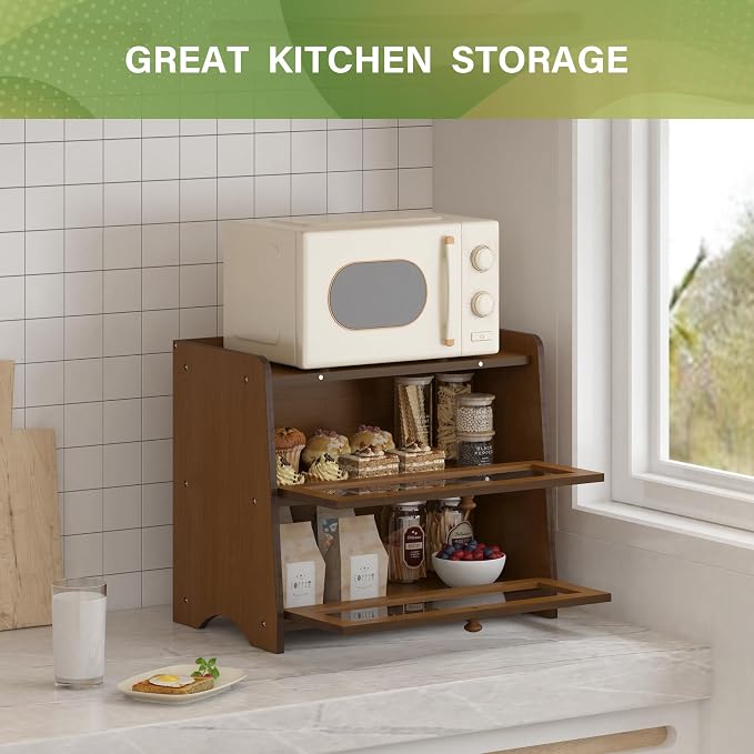 Double Layer Bread Box Container for Kitchen Countertop Homemade Bread | Large Breadbox Storage Wooden Farmhouse Bread Holder (Brown, Medim-15.7" L x 9.5" W x 13" H) - Image 7