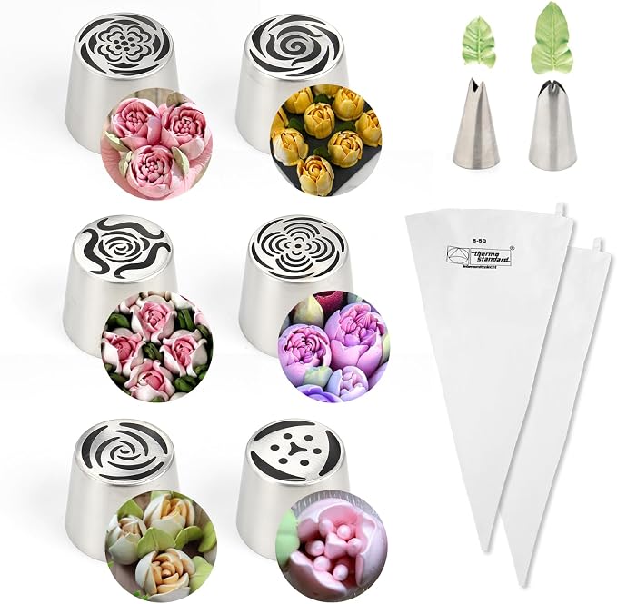 10Pcs Extra Large Russian Piping Tips Set, Stainless Steel Rose Flower Nozzles for Cake Decorating, Includes 6 Extra Large Flower Tips, 2 Leaf Tips, 2 Cloth Piping Bags, Baking Tools by Baipesiy