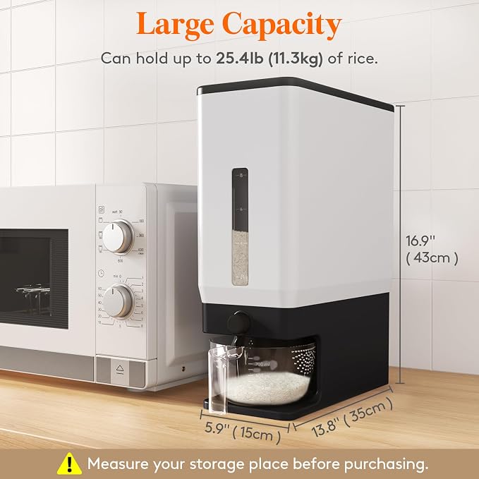 Lifewit Rice Dispenser 25 Lbs, Airtight Storage with Cup, 2 Pack Black | BPA-Free 11.3kg Capacity Storage Container for Beans, Corn & Other Small Grains, One-Press Dispensing Bin for Kitchen Pantry - Image 6