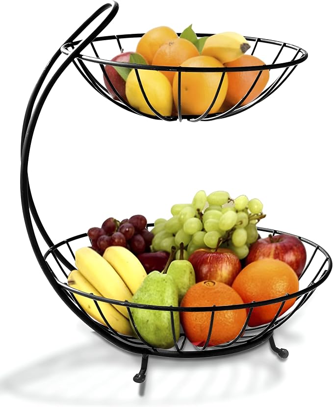 2-TierFruit & Vegetable Basket for Dining Table, Centre Table I Metal Fruit Bowl or Bread Basket Vegetables Storage Organizer Holder I Multi-Purpose Basket for Kitchen & Home, Black by Unknown