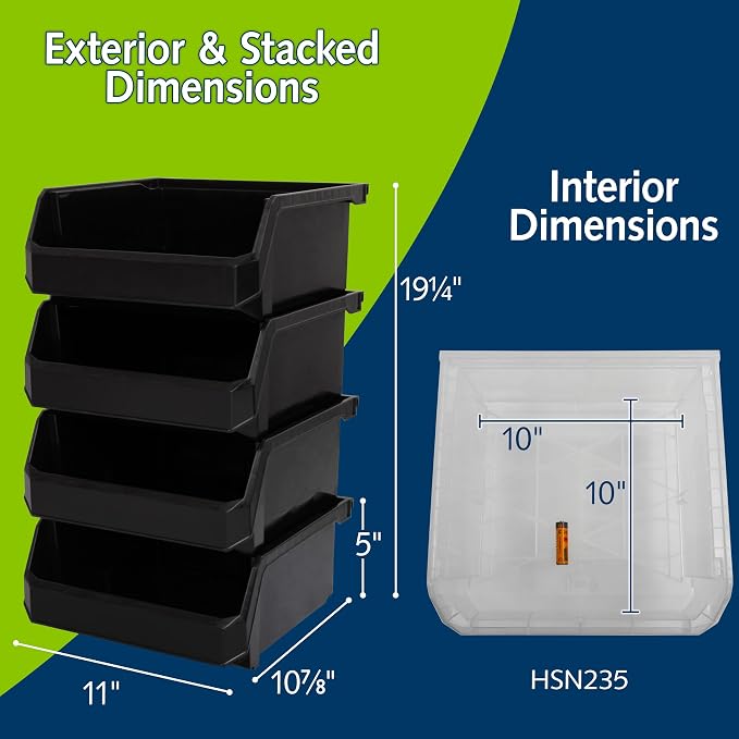 Medium-Wide Stackable Plastic Storage Bins, 4-Pack, Black | Open-Front Stackable Bins For Garage, Pantry, Closet & Office, 11"L X 11"W X 5"H, Nests When Empty, Durable Plastic, - Image 2