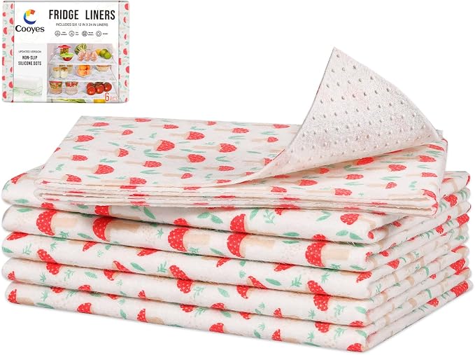 Cooyes 6 Pack Cloth Shelf Liners 12" × 24", Non-Slip Refrigerator Liners Machine Washable, Easy to Cut, Freezer Drawer Mats for Glass Shelves and Kitchen Cabinets, (Red Mushroom) by Cooyes