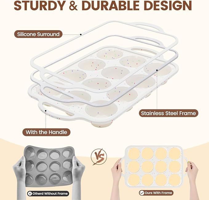 Vinino 8-Piece Baking Pans Set Nonstick, Bakeware Set includes Silicone Muffin, Loaf, Cake Pans with Metal Reinforced Frame, and Carbon Steel Roasting Pan, Cookie Sheet, Cooling rack for Oven-Cream - Image 2