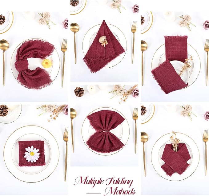 36 Pack Burgundy Cloth Napkins, 12 x 12 Inch Cotton with Fringe Settings | Handmade washable reusable cotton dinner napkins in bulk for weddings, parties, rustic boho table settings - Image 3