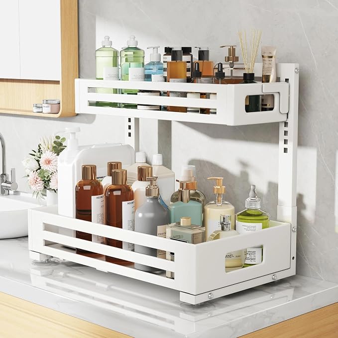 2 Pack 17IN-Depth Under Sink Organizer,Pull Out Cabinet Organizer With Smooth Cylindrical Rail,Metal Slide Out Drawer for Kitchen Bathroom Laundry,8-Level Tool Free Height Adjustable-White - Image 7