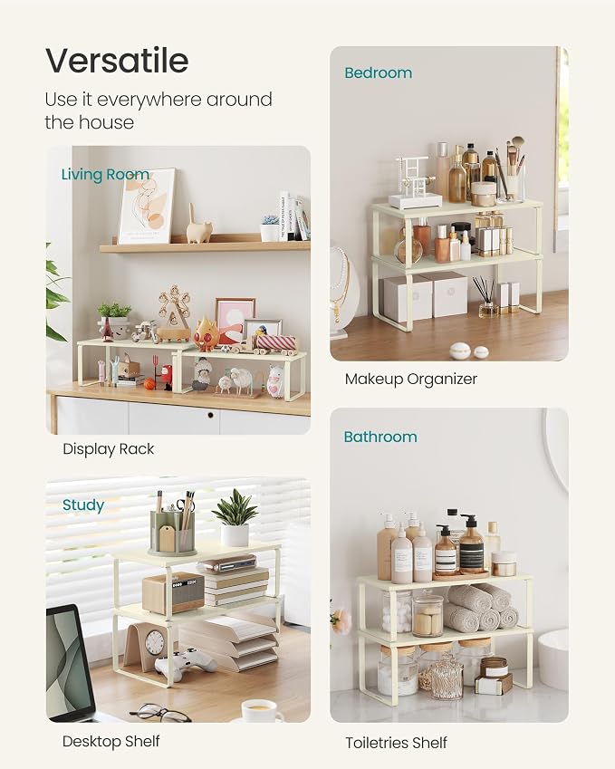 SONGMICS Cabinet Organizer Shelf, Set of 2 Kitchen Counter Shelves, Kitchen Storage, Spice Rack, Stackable, Expandable, Metal and Engineered Wood, 15.6 Inches, Cream White UKCS200W02 - Image 5