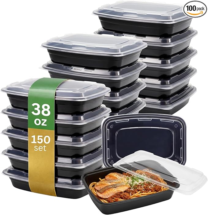 Meal Prep Containers [100 Pack] Rectangular Food Storage Containers with Lids, Bento Box, BPA Free, Stackable, Microwave/Dishwasher/Freezer Safe To Go Food Containers for Meal Prep (38 oz) by ProTakeOut