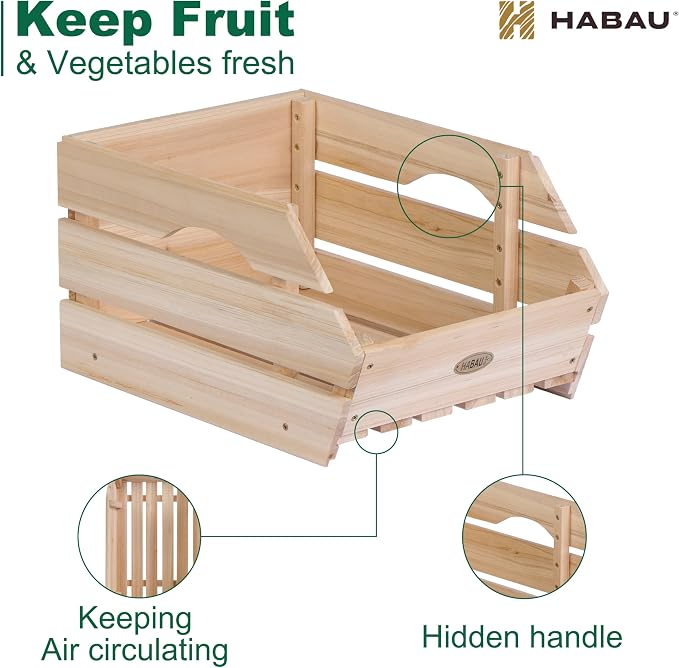 HABAU Wood Potato Onion Storage Bins - Wooden Stackable Produce Basket - Fruit Vegetable Storage for Kitchen Pantry Organization, Set 3 Pieces - Image 5
