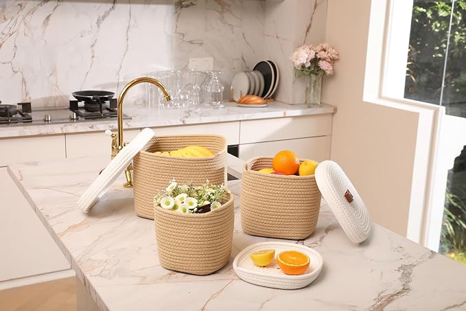 Set of 3 Nesting Woven Storage Baskets with Lids, Cotton Rope Decorative Basket Set for Shelf Closet Living Room Organizing, Square Beige & White - Image 6