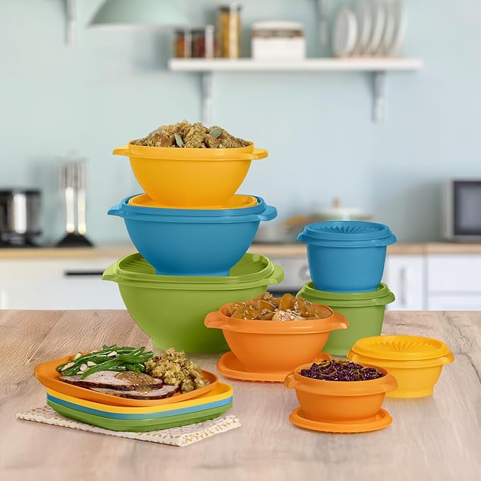 Tupperware Heritage Retro Collection, Bowls & Plates, 20 Piece Food Storage Container Set in Retro Colors, Dishwasher Safe and BPA Free - Image 6