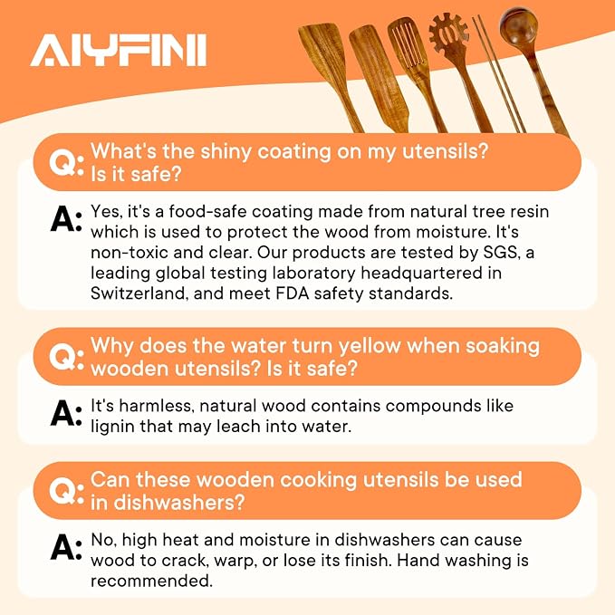 Non-Toxic Wooden Kitchen Utensils Set, 15.4" Long Handle Wood Spatula for Cooking, Egg Flipper Fish Turner Spatula for Non Stick Frying Pan, with Chopsticks, Soup Ladle, Pasta Spoon, Holder, Rest - Image 8