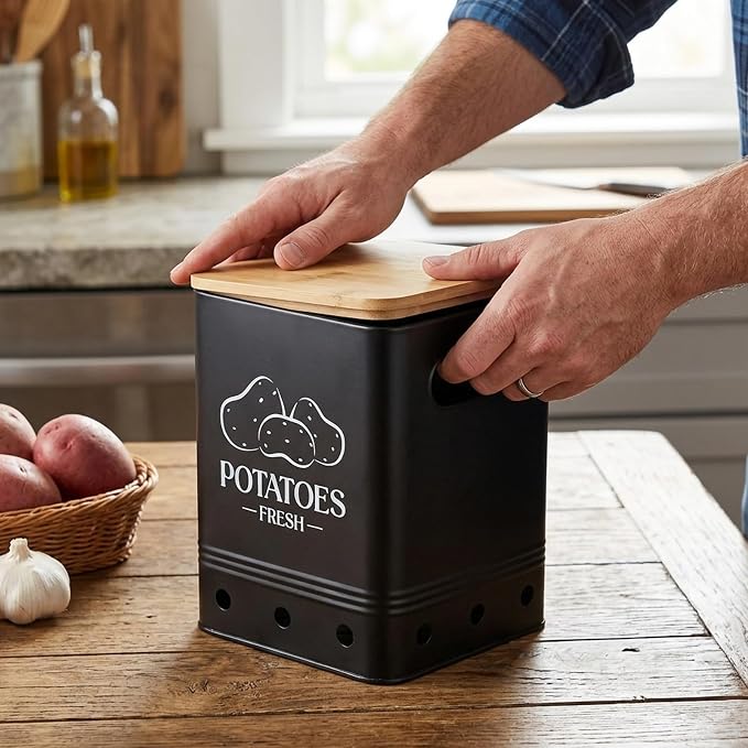 Kitchen Vegetable Storage Tins Set Of 3, Potato Onion Garlic Canisters | Storing potatoes, onions, and garlic. Features aerating holes to keep vegetables fresh and wooden lids(Black 1) - Image 6