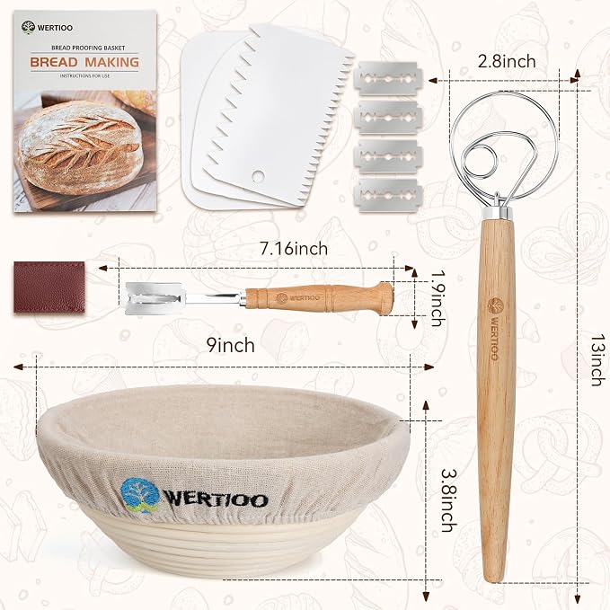 Banneton Bread Proofing Basket Set of 2, 9 Inch Round Sourdough Proofing Basket, Sourdough Starter Kit, Sourdough Bread Baking Supplies with Dough Scraper, Danish Dough Whisk, Bread Lame, Bowl Scraper - Image 2
