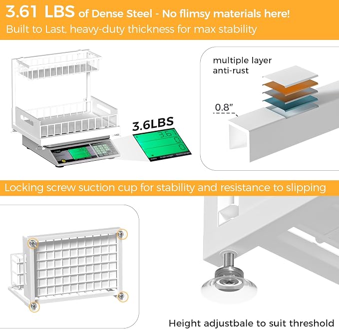 2-Pack L-Shaped Under Sink Organizer, 2-Tier Pull-out Cabinet Rack | White Height-Adjustable Steel Rack, Sliding Grid Drawers with PP Liners, Holds 100 Lbs, Suction Base, Ideal Kitchen Storage - Image 5