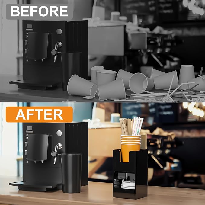 Beego 2-Compartment Cup Holder for Countertop - 2-Tier Black Acrylic Cup Dispenser Coffee Station Paper Cup and Lid Organizer Condiment Storage for Restaurant Breakroom Kitchen Bar Accessories - Image 7