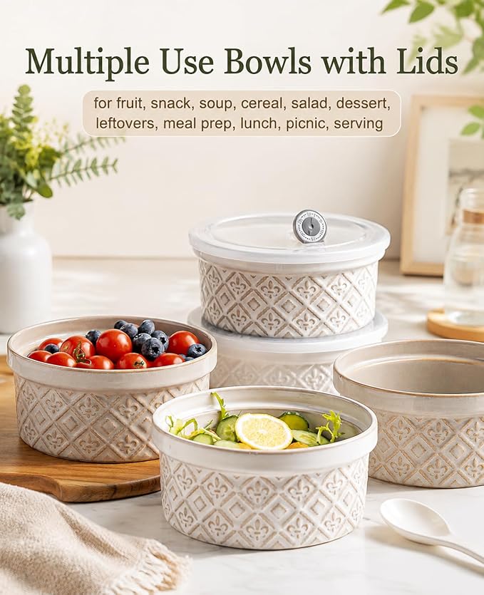 28 Oz Cereal Bowls Set with Lids, Ceramic Salad Bowls for Kitchen, Preparing, Camping, Office Lunch, 6 Inch Kitchen Food Storage Containers with Airtight Lids set of 4, Housewarming Present, Beige - Image 3