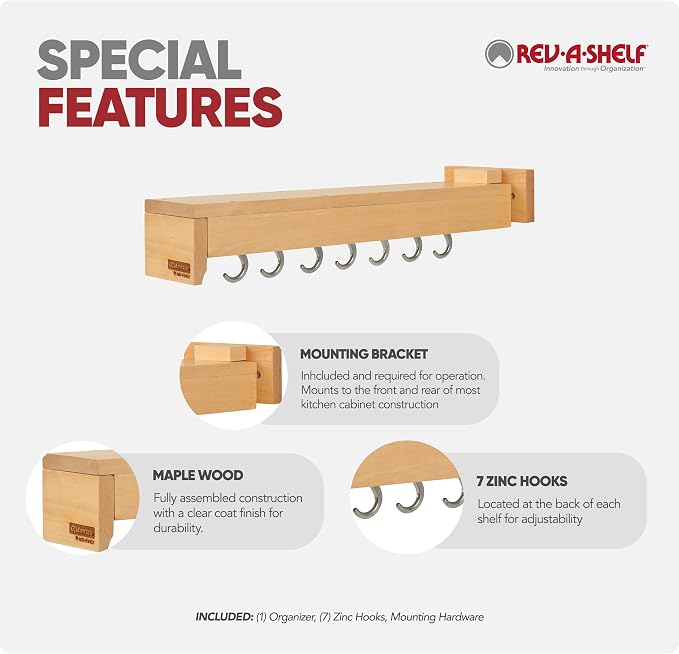 Rev-A-Shelf 22" Pullout Kitchen Cabinet Pantry Organizer with 7 Hanging Hooks with Ball Bearing Slide System, Maple Wood, GLD-W22-SC-7 - Image 7