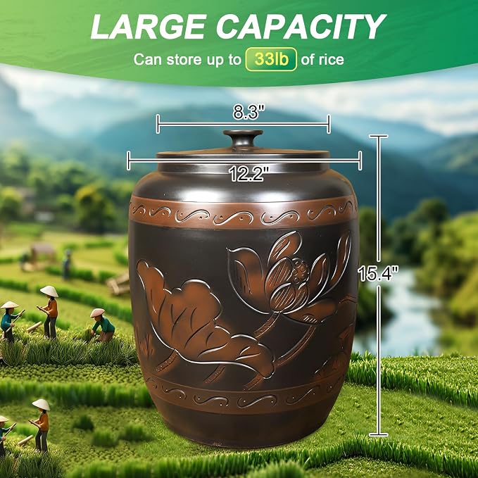 Rice Dispenser 33 Lbs, Ceramic Rice Storage Container with Airtight Lid, Ceramics Rice Jar Large Grain Dispenser, Kitchen & Pantry Organization for Rice, Soybeans, Corn, Oatmeal,Coffee Beans - Image 3